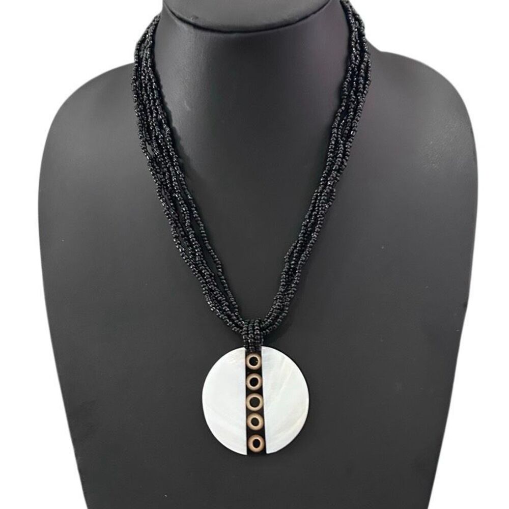 Statement Beaded Pendant Necklace 20" Black Multi-strand Seed Beads & MOP Pendan